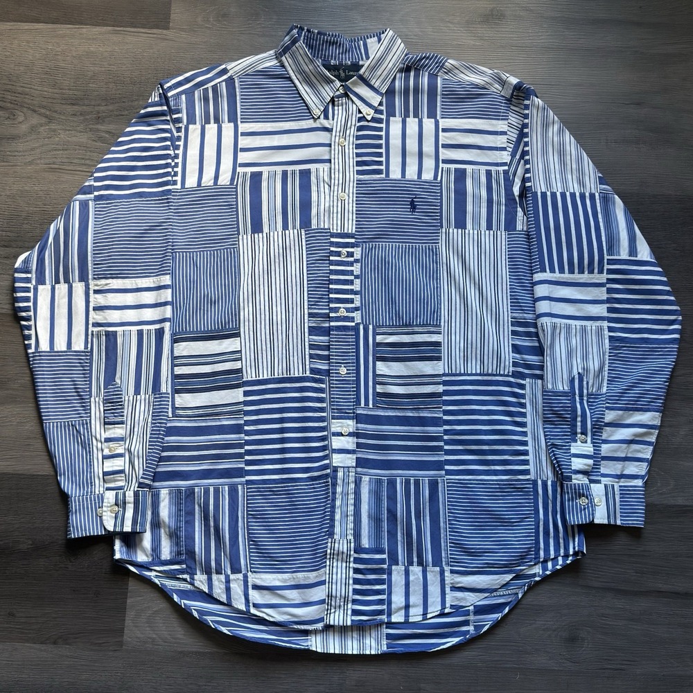VTG 90s Ralph Lauren Madras Patchwork Oxford Shirt Mens XL Blue Plaid Classic